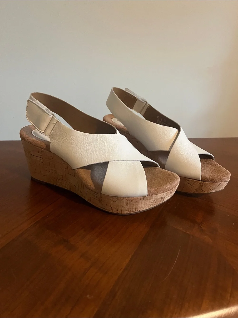 Clarks White Cork Slingback Wedge Sandals